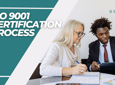 ISO 9001 certification process. A man and a woman discussing.