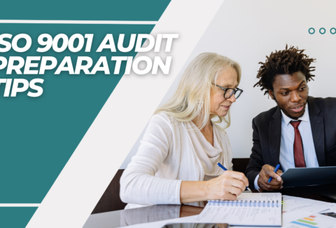 ISO 9001 audit preparation tips. A man and a woman discussing.