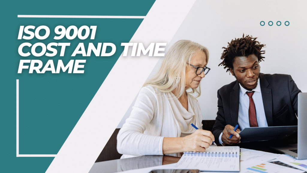 ISO 9001 cost and time frame. A man and a woman discussing.
