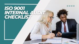 ISO 9001 internal audit checklist. A man and a woman discussing.